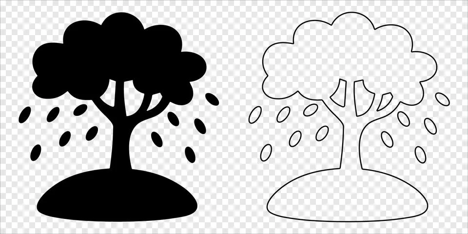 Tree with raindrops on circular base Silhouette and Outline Stockillustratie
