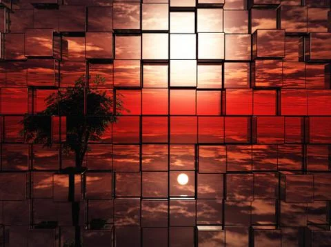 Tree reflect in chrome cubes wall - 3d illustration イラスト素材
