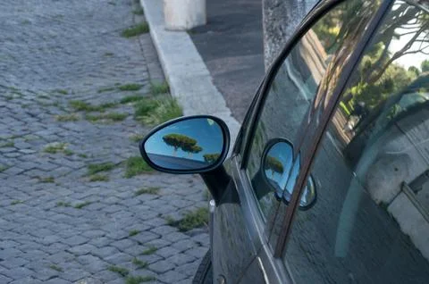 Tree reflected inside a side view car mirror. Urban landscape Stock Photos