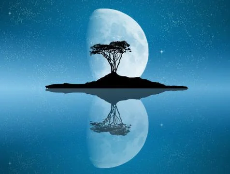 Tree reflected in the moonlight Stock Illustration