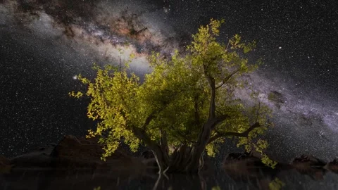 Tree reflecting in water timelapse at night. Milky way and stars in the sky Stock Footage 246473563