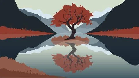Tree reflection in calm mountain lake Stock Illustration