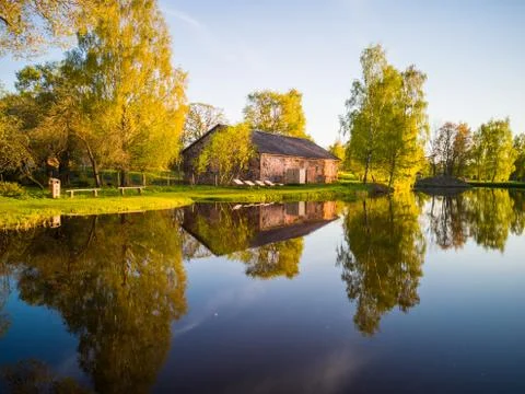 Tree Reflection in the Lake on a Sunny Spring Day - Autumn Colours Stockfoto's