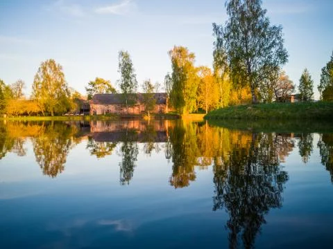 Tree Reflection in the Lake on a Sunny Spring Day - Autumn Colours Stockfoto's