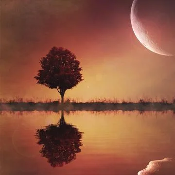 Tree reflection with large composite moon Stock Photos