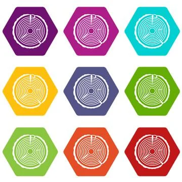 Tree ring icon set color hexahedron Stock Illustration