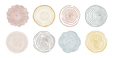 Tree ring wood circle set. Hand drawn tree ring pattern, line ripple circle wood Stock Illustration