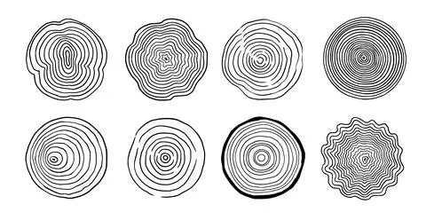 Tree ring wood circle set. Hand drawn tree ring pattern, line ripple circle wood Stock Illustration