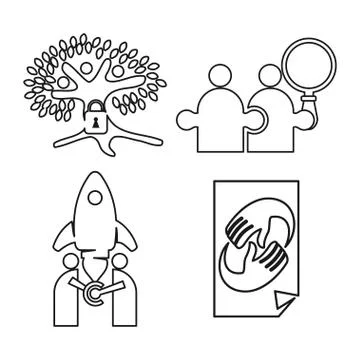 Tree rocket puzzle Commitment Teamwork Together Outline Logo Illustrazione stock