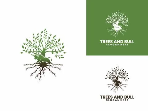 Tree roots and Bull logo vector illustration. Business logo with Bull and T.. Stock Illustration