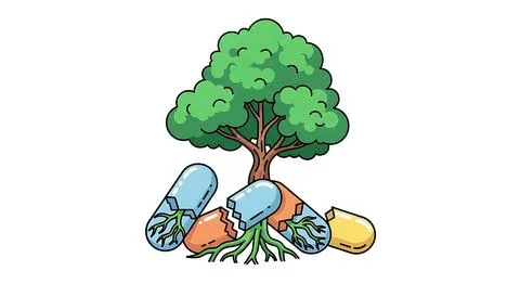 Tree with roots growing from opened medicine capsules symbolizing natural h.. Stock Illustration