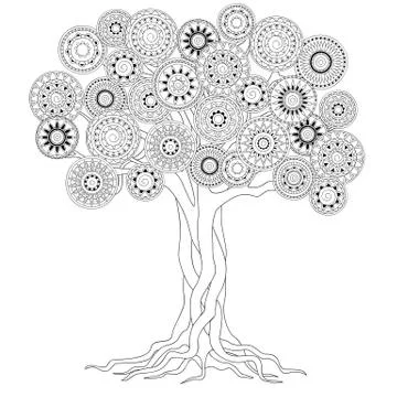 Tree with roots of mandalas Stock Illustration