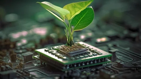 Tree sapling that broke out from computer chip , Green tree sprout on a comp Stock Footage 259718564