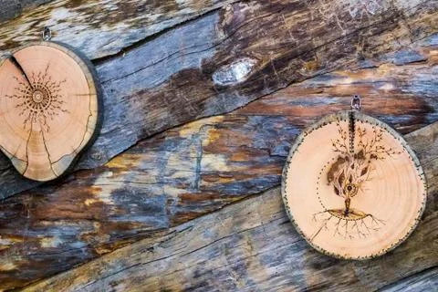 Tree saw with a pattern on the background of logs Stock-Fotos