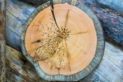 Tree saw with a pattern on the background of logs Foto stock