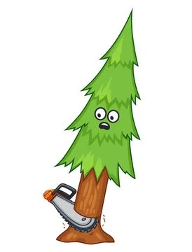 Tree with scared face being cut illustration Stock Illustration