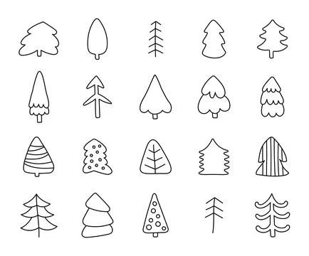 Tree set outline line art featuring forest plants Stock Illustration
