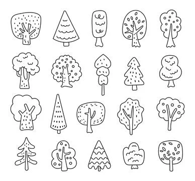 Tree set in outline line art Stock Illustration