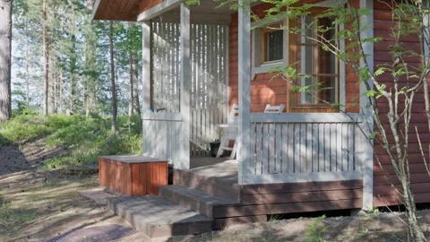 Tree shadows sway gently in the wind on the wall of a traditional outdoor sauna. Stock Footage 344903140