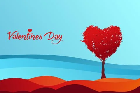 Tree in the shape of heart, valentines day background, vector fantasy landscape Stock Illustration