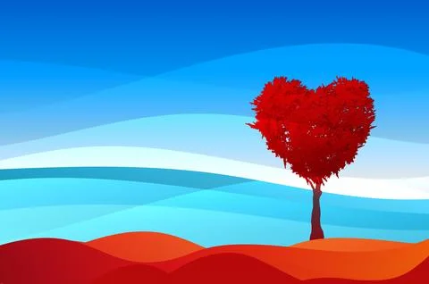 Tree in the shape of heart, valentines day background, vector fantasy landscape Illustrazione stock