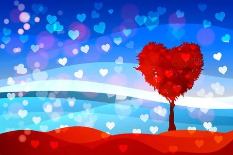 Tree in the shape of heart, valentines day background, vector fantasy landscape Stock Illustration