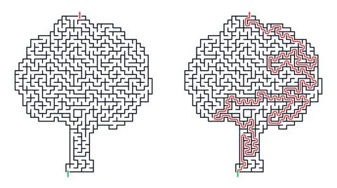 Tree shaped maze puzzle with solution path. Brain teaser game for logic devel Stock Illustration