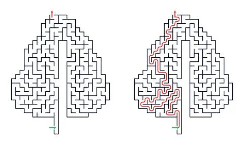 Tree shaped maze with solution path. Nature logic puzzle for education. Abstr Stock Illustration