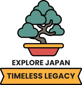 A tree is shown in a pot with the words Explore Japan and Timeless Legacy Stock Illustration