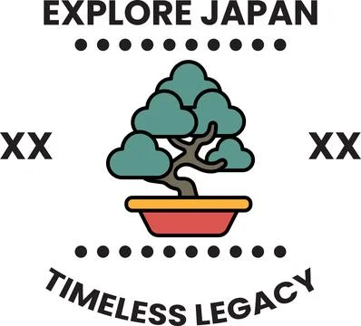 A tree is shown in a pot with the words Explore Japan Timeless Legacy Stock Illustration