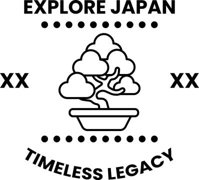 A tree is shown in a pot with the words Explore Japan Timeless Legacy Stock Illustration