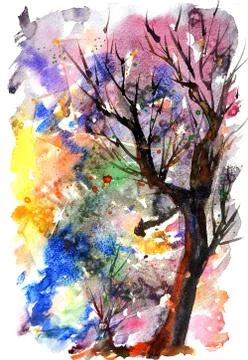 Tree silhouette on abstract multicolor textural holiday background. Watercolo Stock-Illustration