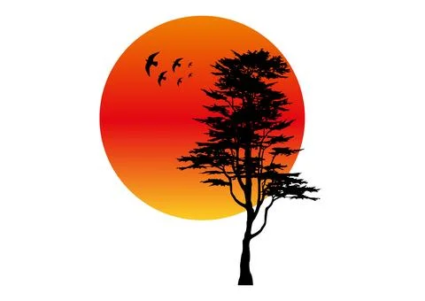 Tree silhouette and eagles, red sunset landscape logo concept, vector isolated Stock Illustration