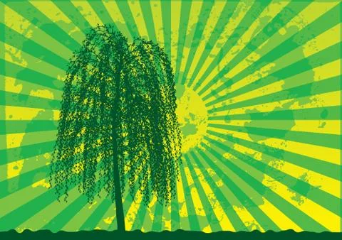 Tree silhouette on grunge rays background. Stock Illustration