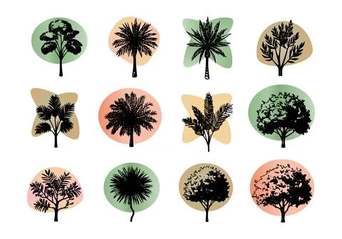 Tree Silhouette Icon Set with Abstract Organic Shapes, Minimal Nature 库存插图