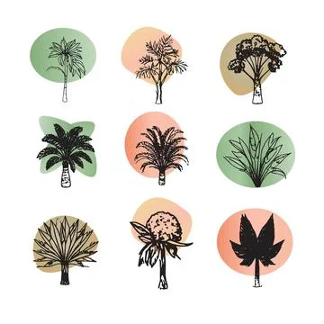 Tree Silhouette Icon Set with Abstract Organic Shapes, Minimal Nature Stock Illustration