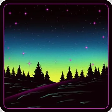 Tree silhouette is rising under gradient sky, magenta stars, rounded border, 스톡 일러스트