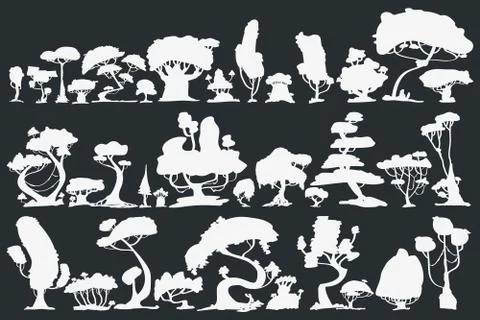 Tree Silhouette. Set of Trees in the Dark. Vector Isolated Stock Illustration
