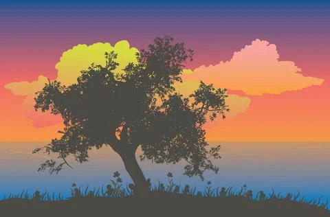 Tree silhouette at sunset 스톡 일러스트