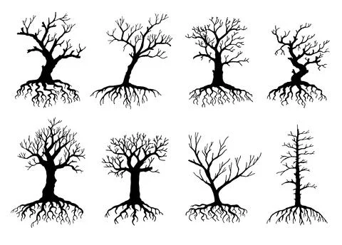 Tree silhouettes with dead roots, ecology Illustrazione stock