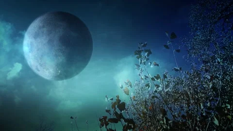 Tree Silhouettes with a full Moon Planet 4K Loop Stock Footage 255539376