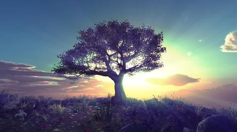 Tree spring in meadow sunset Stock Illustration