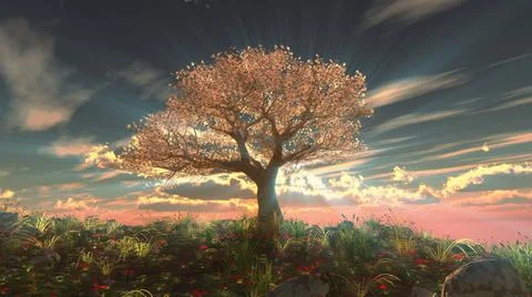 Tree spring in meadow sunset Stock Illustration