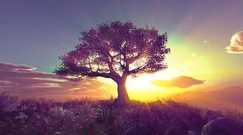 Tree spring in meadow sunset Stock Illustration