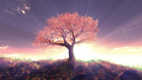 Tree spring in meadow sunset Stock Illustration