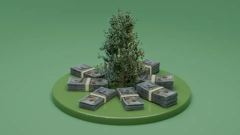 Tree with stacks of US dollars on green background wealth concept Stock Illustration