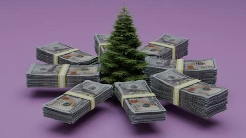 Tree with stacks of US dollars on purple background wealth concept Stock Illustration