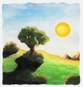 Tree standing in a landscape throwing a shadow while the sun is shining Stock Illustration