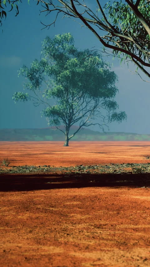 Tree stands alone in a vast dry landscape during a clear day Stock Footage 334725447
