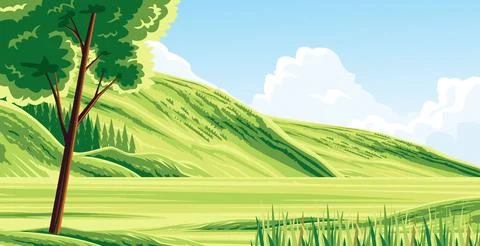 A tree stands tall in a stretch of green field Stock Illustration